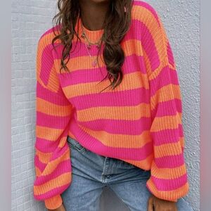 Vibrant neon orange & pink striped sweater - medium - knit - baggy / loose fit